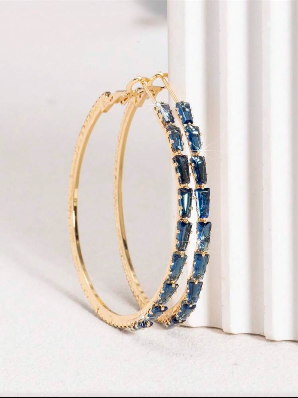 Gold Hoop Earrings with Navy Blue Stones - Women's Jewelry